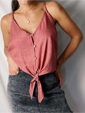 Button-Front Tie Crop Cami Top - Dusty Rose